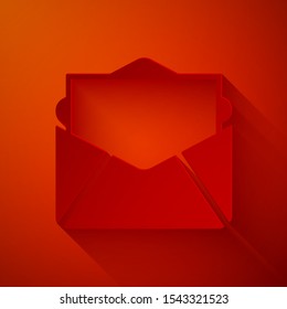 Paper cut Mail and e-mail icon isolated on red background. Envelope symbol e-mail. Email message sign. Paper art style. Vector Illustration