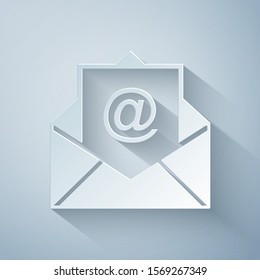 Paper cut Mail and e-mail icon isolated on grey background. Envelope symbol e-mail. Email message sign. Paper art style. Vector Illustration