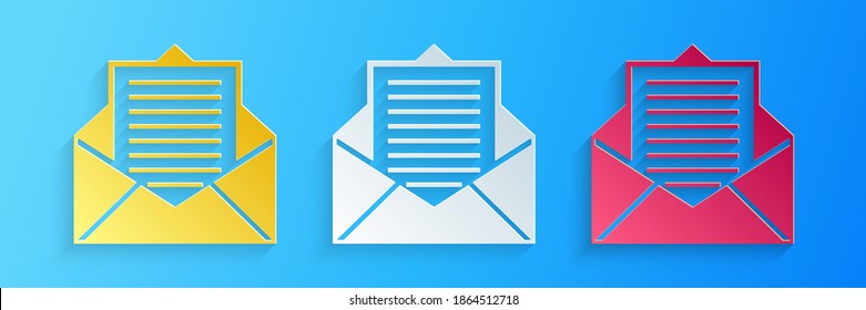 Paper cut Mail, e-mail icon isolated on blue background. Envelope symbol e-mail. Email message sign. Paper art style. Vector.