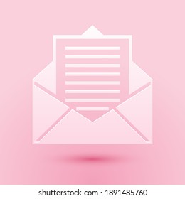 Cortar papel Correo e icono de correo electrónico aislado en fondo rosado. Correo electrónico con símbolo de sobres. Señal de mensaje de correo electrónico. Estilo de arte de papel. Vector.