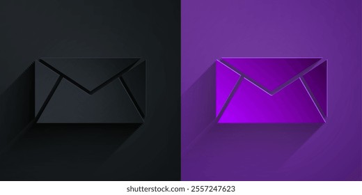 Paper cut Mail and e-mail icon isolated on black on purple background. Envelope symbol e-mail. Email message sign. Paper art style. Vector