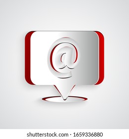 Paper cut Mail and e-mail on speech bubble icon isolated on grey background. Envelope symbol e-mail. Email message sign. Paper art style. Vector Illustration