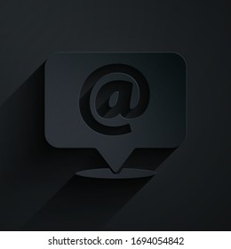 Paper cut Mail and e-mail on speech bubble icon isolated on black background. Envelope symbol e-mail. Email message sign. Paper art style. Vector Illustration