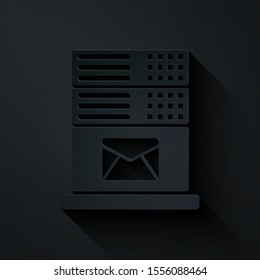 Paper cut Mail server icon isolated on black background. Paper art style. Vector Illustration