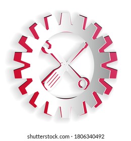 Paper cut Maintenance symbol - screwdriver, spanner and cogwheel icon isolated on white background. Service tool symbol. Setting icon. Paper art style. Vector.