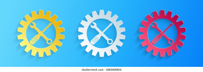 Paper cut Maintenance symbol - screwdriver, spanner and cogwheel icon isolated on blue background. Service tool symbol. Setting icon. Paper art style. Vector.