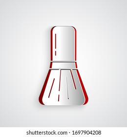 Icono de brocha de maquillaje aislado en fondo gris. Estilo de arte de papel. Ilustración vectorial