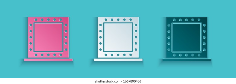 Paper cut Makeup mirror with lights icon isolated on blue background. Paper art style. Vector Illustration