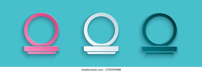 Paper cut Makeup powder with mirror icon isolated on blue background. Paper art style. Vector Illustration