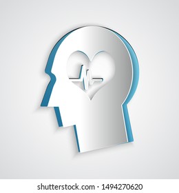 Paper cut Male head with a heartbeat icon isolated on grey background. Head with mental health, healthcare and medical sign. Paper art style. Vector Illustration