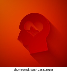Paper cut Male head with a heartbeat icon isolated on red background. Head with mental health, healthcare and medical sign. Paper art style. Vector Illustration