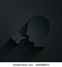Cortado de papel Icono de toser hombre aislado en fondo negro. Infección viral, gripe, síntoma de frío. Tuberculosis, parotiditis, tos ferina. Estilo de arte de papel. Ilustración vectorial.