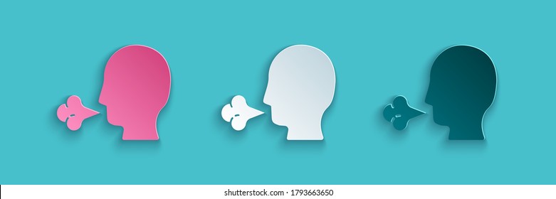 Cortado de papel Icono de toser de hombre aislado en fondo azul. Infección viral, gripe, gripe, síntoma de frío. Tuberculosis, parotiditis, tos ferina. Estilo de arte de papel. Ilustración vectorial.