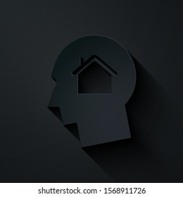 Paper cut Man dreaming about buying a new house icon isolated on black background. Paper art style. Vector Illustration