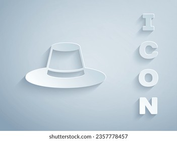 Paper cut Man hat with ribbon icon isolated on grey background. Paper art style. Vector