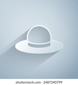 Paper cut Man hat with ribbon icon isolated on grey background. Paper art style. Vector
