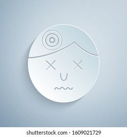 Paper cut Man having headache, migraine icon isolated on grey background. Paper art style. Vector Illustration