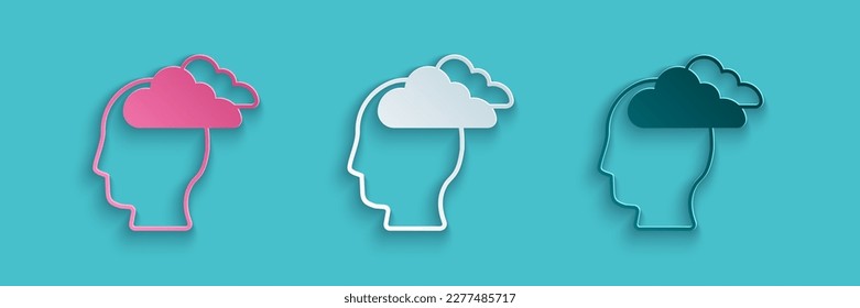 Paper cut Man having headache, migraine icon isolated on blue background. Paper art style. Vector