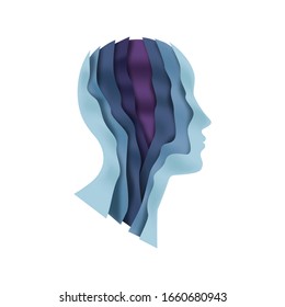 Paper Cut Man Head Illustration On Isolated White Background. Colorful Unisex Person Face Profile With Layered 3D Papercut Waves For Psychology Therapy, Creative Mind Or Social Business Concept. 