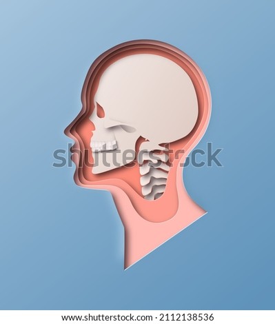 Paper cut man head illustration on isolated background. Human skull x-ray side view profile with 3D papercut layer for educational anatomy model, science or nervous system concept. 