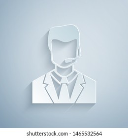 Paper cut Man with a headset icon isolated on grey background. Support operator in touch. Concept for call center, client support service. Paper art style. Vector Illustration