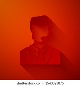 Paper cut Man with a headset icon isolated on red background. Support operator in touch. Concept for call center, client support service. Paper art style. Vector Illustration