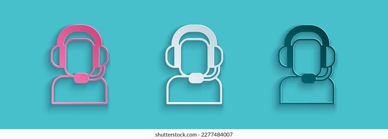Paper cut Man with a headset icon isolated on blue background. Support operator in touch. Concept for call center, client support service. Paper art style. Vector