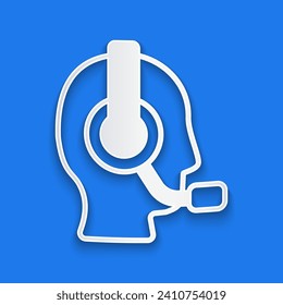 Paper cut Man with a headset icon isolated on blue background. Support operator in touch. Concept for call center, client support service. Paper art style. Vector