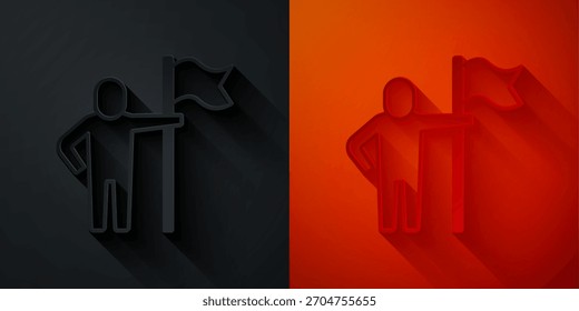 Hombre que sostiene el icono de la bandera aislado en el fondo negro y rojo. Victoria, ganar y conquistar el concepto de adversidad. Estilo de arte de papel. Vector