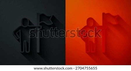 Paper cut Man holding flag icon isolated on black and red background. Victory, winning and conquer adversity concept. Paper art style. Vector