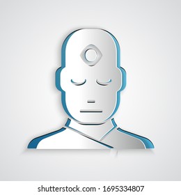 Paper cut Man with third eye icon isolated on grey background. The concept of meditation, vision of energy, aura. Paper art style. Vector Illustration