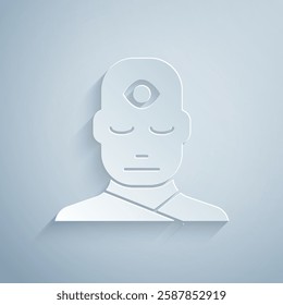 Paper cut Man with third eye icon isolated on grey background. The concept of meditation, vision of energy, aura. Paper art style. Vector Illustration