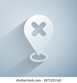 Paper cut Map pin with cross mark icon isolated on grey background. Navigation, pointer, location, map, gps, direction, place, compass, search concept. Paper art style. Vector