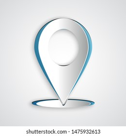 Paper cut Map pin icon isolated on grey background. Navigation, pointer, location, map, gps, direction, place, compass, contact, search concept. Paper art style. Vector Illustration