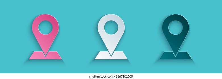 Paper cut Map pin icon isolated on blue background. Navigation, pointer, location, map, gps, direction, place, compass, search concept. Paper art style. Vector Illustration