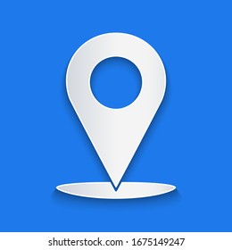 Paper cut Map pin icon isolated on blue background. Navigation, pointer, location, map, gps, direction, place, compass, search concept. Paper art style. Vector Illustration