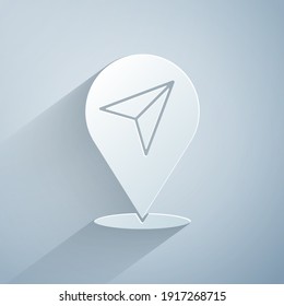 Paper cut Map pin icon isolated on grey background. Navigation, pointer, location, map, gps, direction, place, compass, search concept. Paper art style. Vector
