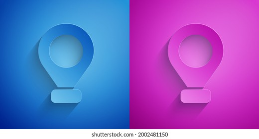 Paper cut Map pin icon isolated on blue and purple background. Navigation, pointer, location, map, gps, direction, place, compass, search concept. Paper art style. Vector