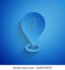 Paper cut Map pin icon isolated on blue background. Navigation, pointer, location, map, gps, direction, place, compass, search concept. Paper art style. Vector