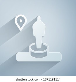 Paper cut Map pin and monument icon isolated on grey background. Navigation, pointer, location, map, gps, direction, place, compass, search concept. Paper art style. Vector
