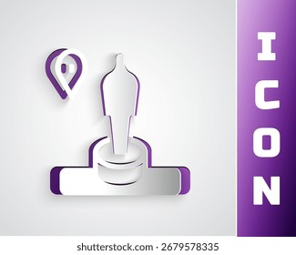 Papel cortado Mapa pin y monumento icono aislado sobre fondo gris. Navegación, puntero, ubicación, mapa, GPS, dirección, lugar, brújula, concepto de búsqueda. Estilo de arte de papel. Vector