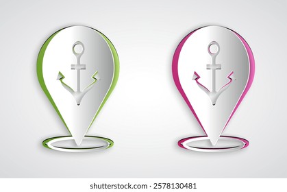 Paper cut Map pointer with anchor icon isolated on grey background. Paper art style. Vector