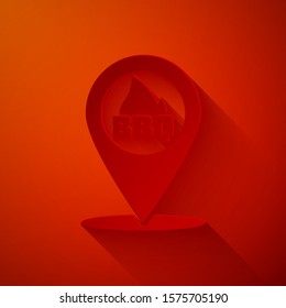 Paper cut Map pointer with barbecue icon isolated on red background. Fire flame icon. Barbecue and BBQ grill symbol. Paper art style. Vector Illustration