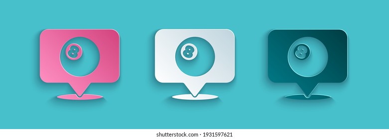 Paper cut Map pointer with billiard pool snooker ball with number 8 icon isolated on blue background. Paper art style. Vector