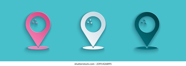 Paper cut Map pointer with bowling ball icon isolated on blue background. Sport equipment. Paper art style. Vector