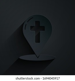 Paper cut Map pointer with christian cross icon isolated on black background. Paper art style. Vector Illustration