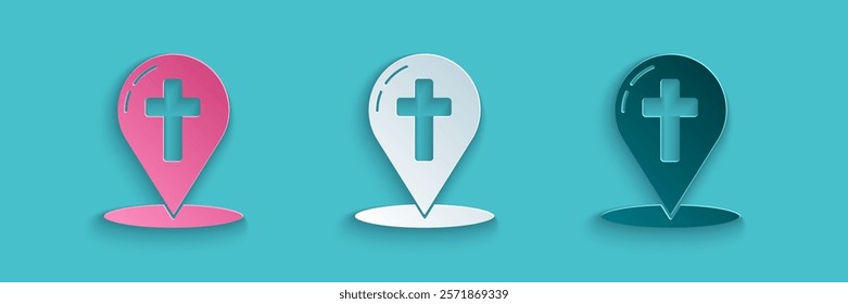 Paper cut Map pointer with christian cross icon isolated on blue background. Paper art style. Vector Illustration