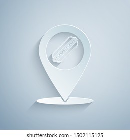Paper cut Map pointer with fast food hotdog icon isolated on grey background. Sausage icon. Paper art style. Vector Illustration