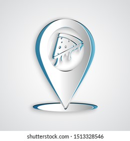 Paper cut Map pointer with fast food slice pizza icon isolated on grey background. Pizzeria location icon. Pizza cafe and restaurant marker. Paper art style. Vector Illustration