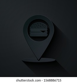 Paper cut Map pointer with fast food burger icon isolated on black background. Paper art style. Vector Illustration